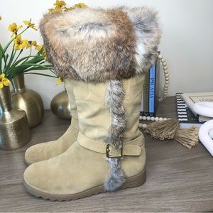 COACH Deeann Camel Tan Suede Buckle Rabbit Fur Trim Boots 7B